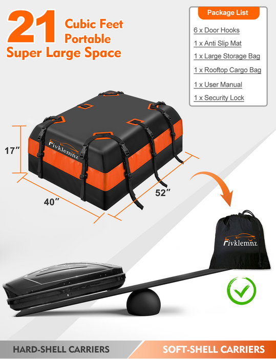 Car Roof Bag Cargo Carrier, 21 Cubic Feet Waterproof Rooftop Cargo Carrier with Anti-Slip Mat + 8 Reinforced Straps + 6 Door Hooks, Suitable for All Vehicle with/Without Roof Rack