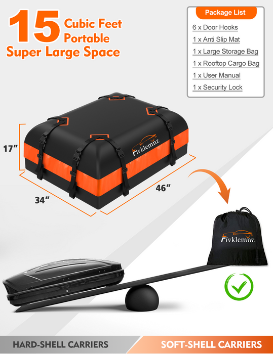 FIVKLEMNZ Car Roof Bag Cargo Carrier, 15 Cubic Feet Waterproof Rooftop Cargo Carrier with Anti-Slip Mat + 8 Reinforced Straps + 4 Door Hooks Suitable for All Vehicle with/Without Rack