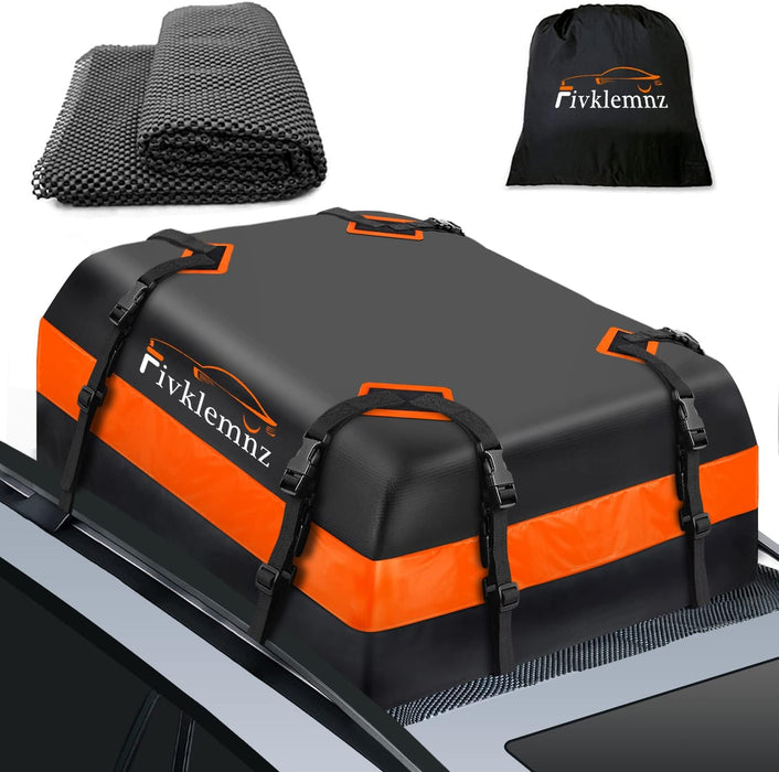 FIVKLEMNZ Car Roof Bag Cargo Carrier, 15 Cubic Feet Waterproof Rooftop Cargo Carrier with Anti-Slip Mat + 8 Reinforced Straps + 4 Door Hooks Suitable for All Vehicle with/Without Rack