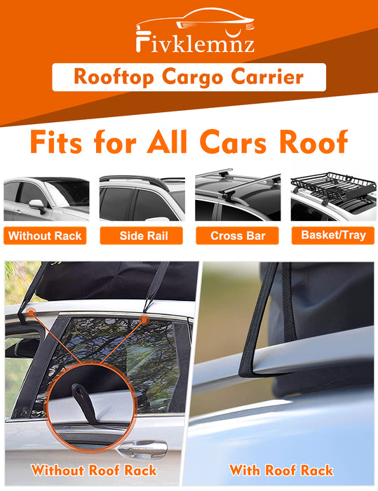 FIVKLEMNZ Car Roof Bag Cargo Carrier, 15 Cubic Feet Waterproof Rooftop Cargo Carrier with Anti-Slip Mat + 8 Reinforced Straps + 4 Door Hooks Suitable for All Vehicle with/Without Rack